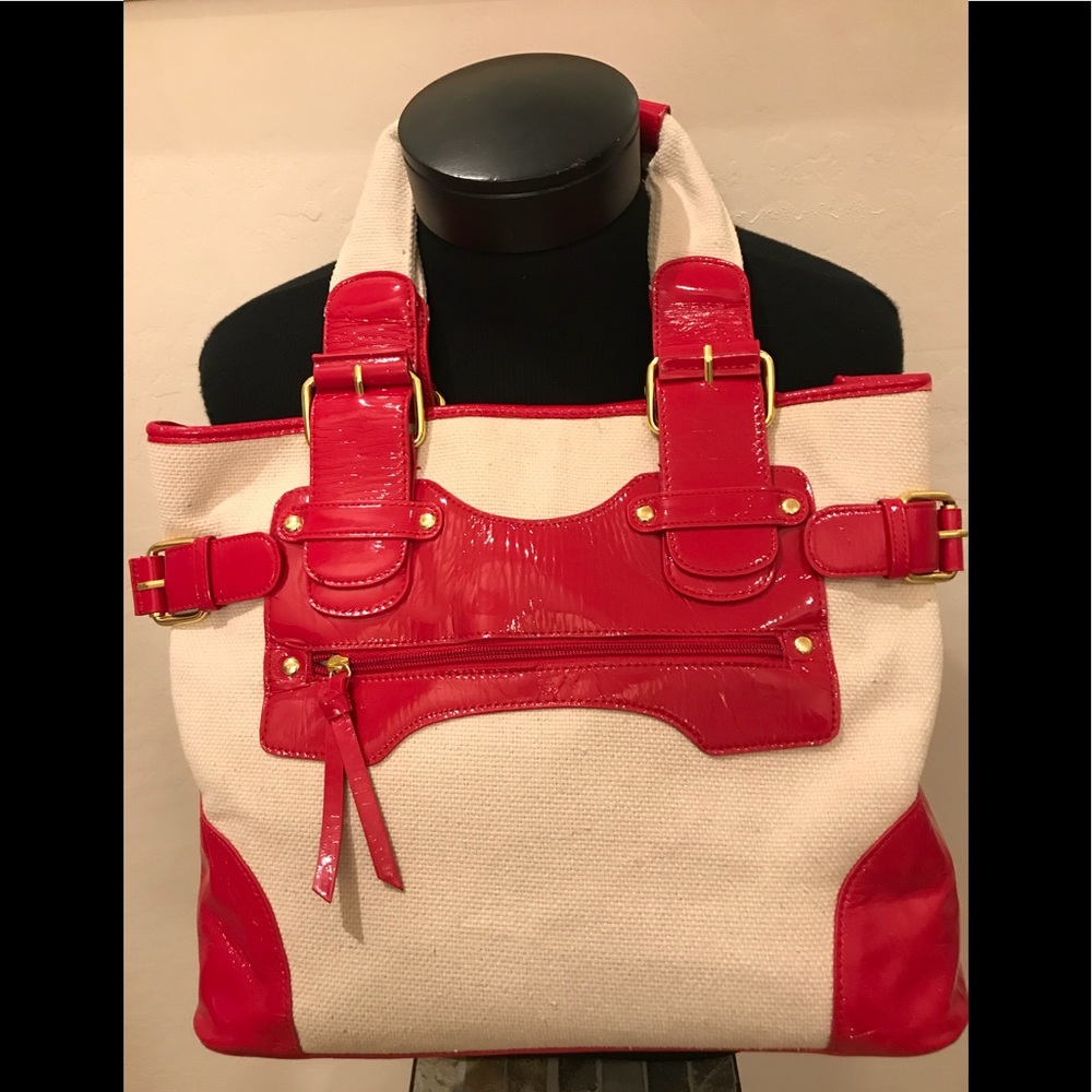 NEW Red Patent/Creme Canvas TOTE BAG